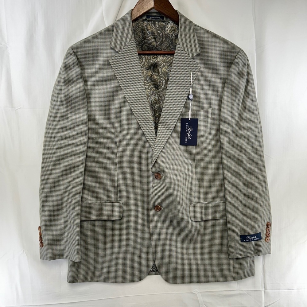 Ralph Ralph Lauren Blazer Mens 42S Tan Blue Silk Wool Houndstooth Paisley Lining